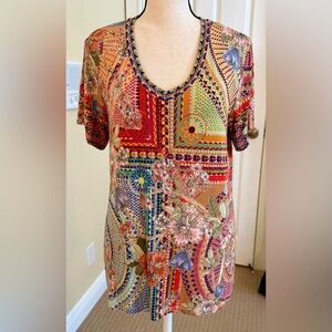 NWT Johnny Was Vibrant Red and Blue short sleeve bamboo fabric Floral Tee, Sz S